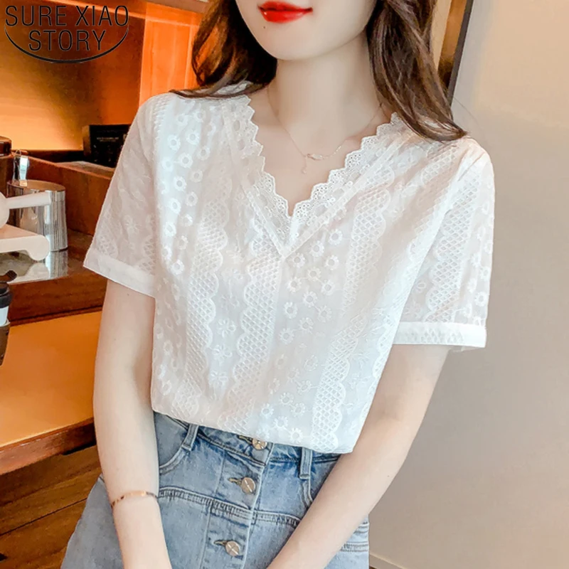 

White Blouses Sweet Loose V Neck Shirt Chic Jacquard Lace Shirts For Women 2023 Office Lady Summer Short Sleeve Women Tops 21833