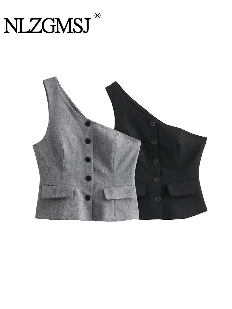 

Nlzgmsj TRAF 2024 Female Asymmetrical Vest Tops Grey Slant Collar Pocket Single Breasted Waistcoat Women Fashion Casual Vests