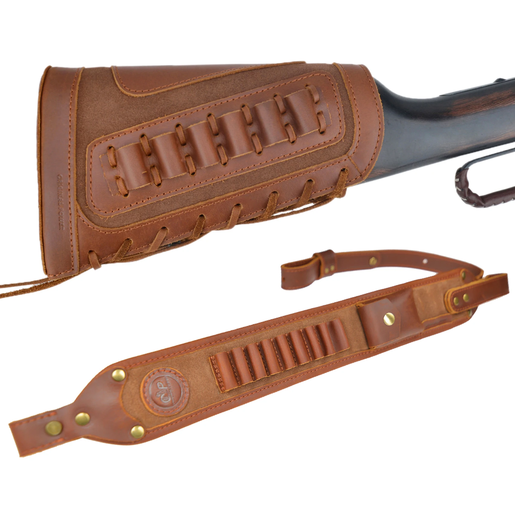 1 Suit of Leather Rifle Buttstock Shell Holder with Matched Gun Sling Fit .30-06,.306, .308, 45-70
1 Suit of Leather Rifle Buttstock Shell Holder with Matched Gun Sling Fit .30-06,.306, .308, 45-70