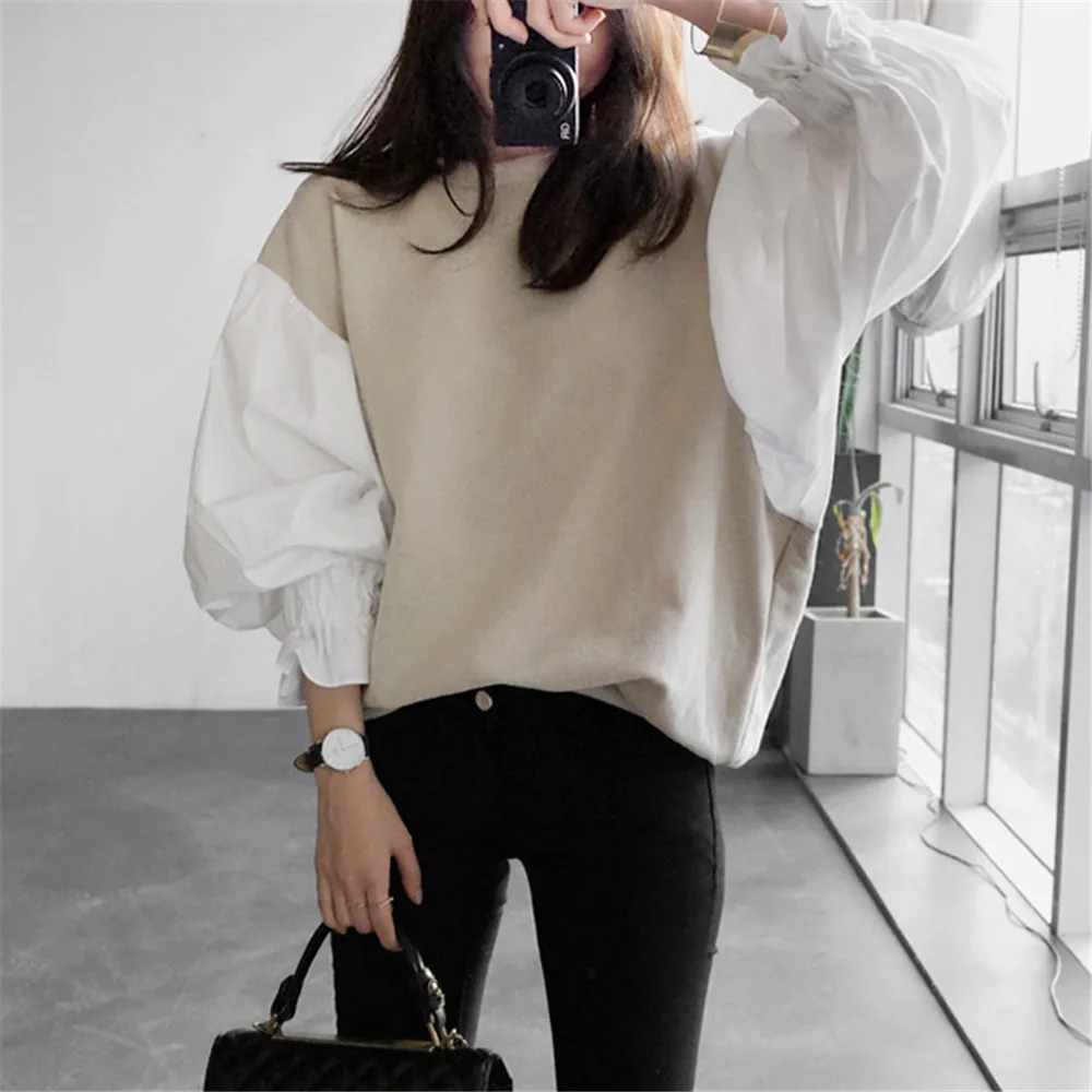 Women Casual Minimalism Blouse Korea Style Lantern Long Sleeve Patchwork Round Neck Loose Pullover Spring Fall Blouse For Ladies
Women Casual Minimalism Blouse Korea Style Lantern Long Sleeve Patchwork Round Neck Loose Pullover Spring Fall Blouse For Ladies