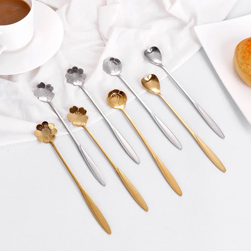 

Длинная кофейная ложка в виде маленького цветка, милая десертная ложка для мороженого, золотые столовые приборы, серебряная посуда из нержавеющей стали