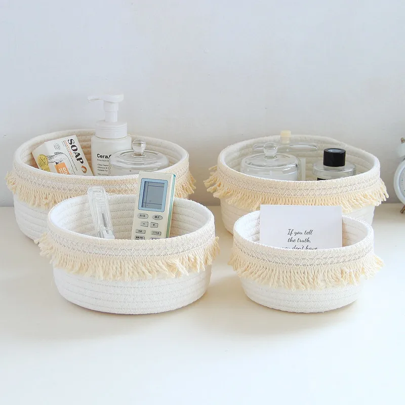 

Hand Woven Cotton Rope Storage Baskets Sundries Snack Cosmetic Storage Box Desktop Small Organizer Dirty Clothes Laundry Hamper