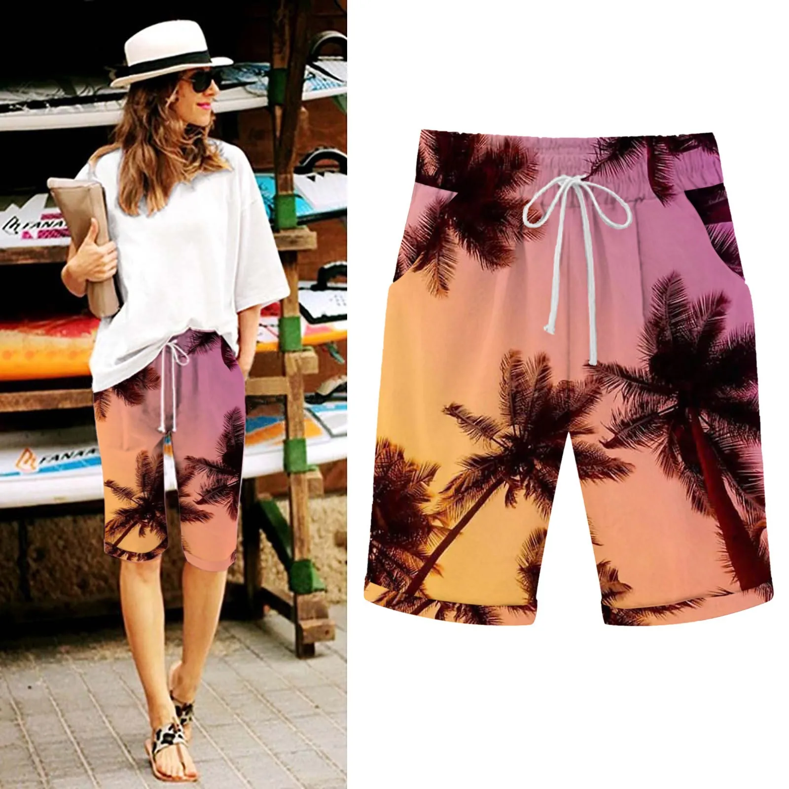 

Hawaiian Leaf Print Trunks Fashion Beach Shorts Elastic Pants Lace Up Shorts For Women Beachwear Vacation Pantalones Cortos New