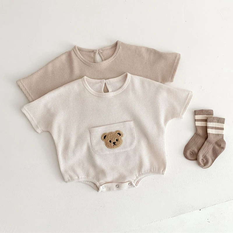 

2023 Newborn Baby Girl Romper Summer Boy Cute Bear Waffle Bodysuits for Infants Cotton Bat Sleeve Kids Clothes Girls Costumes