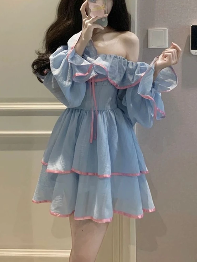 

Summer Chiffon Sweet Dress Women Designer Slash Neck Fit Mini Dress Female Korean Fashion Ruffle Flounce Kawaii Party Dress 2022