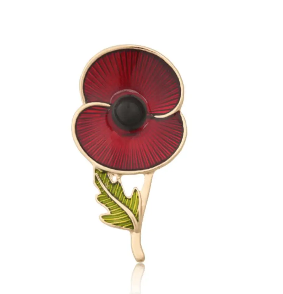 

1.7 Inch Red Enamel Gold Tone British Poppy Brooch Flower Pin with Leaf Remembrance Gifts