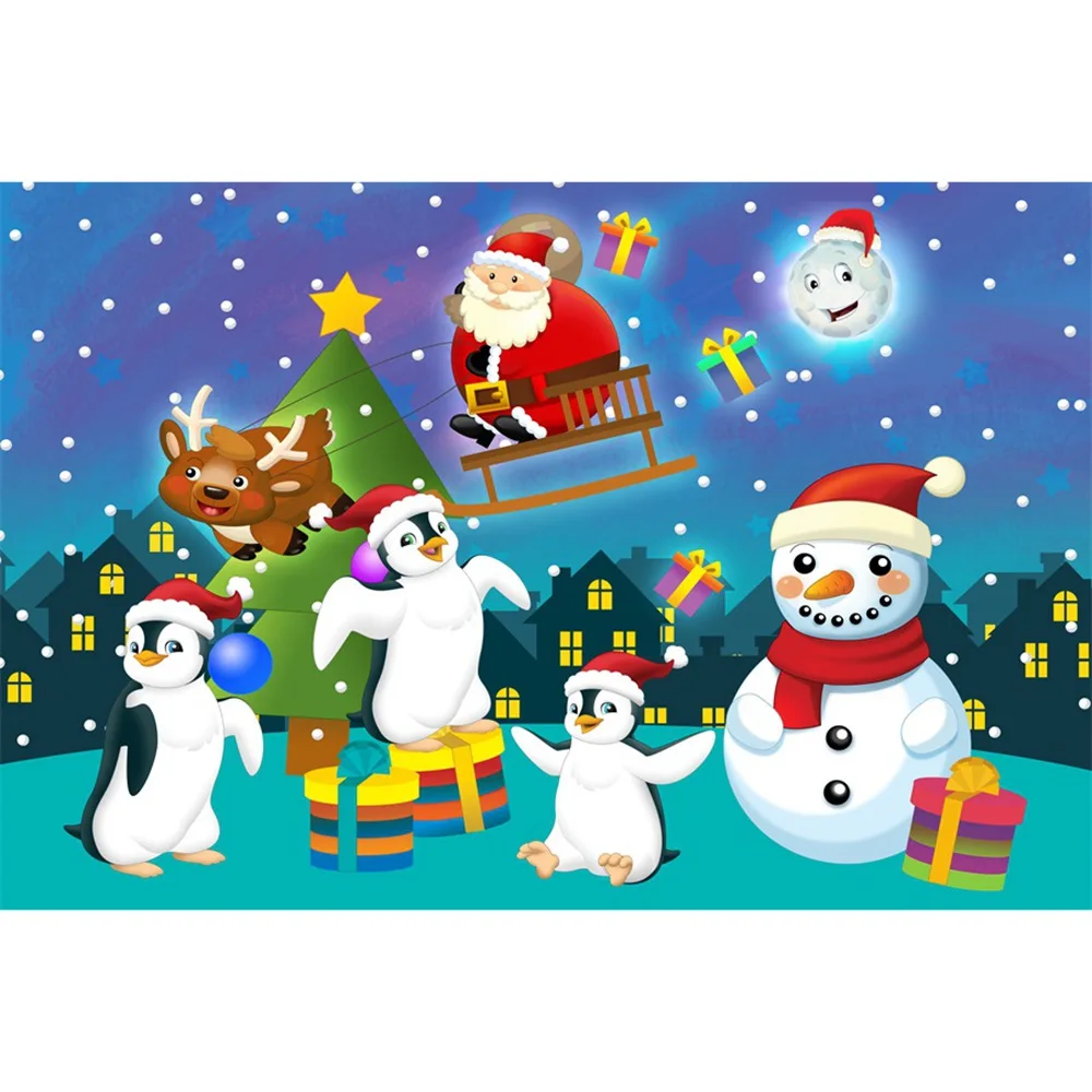 

Christmas Father Reindeer Sleigh Snowman Penguin Photography Backdrops Custom New Year Party Decoration Photo Booth Backgrounds