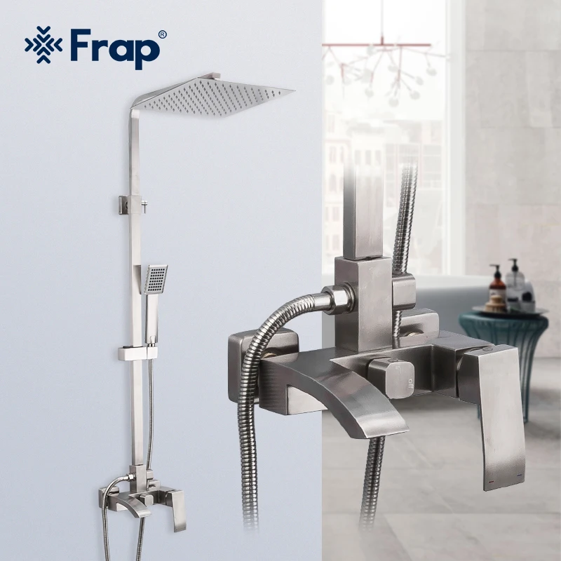 

Frap Bathroom Faucets Stainless Steel Shower Faucet Brushed Tap Rainfall Shower Set Cold Hot Mixer Wall Mounted Bracket Faucet