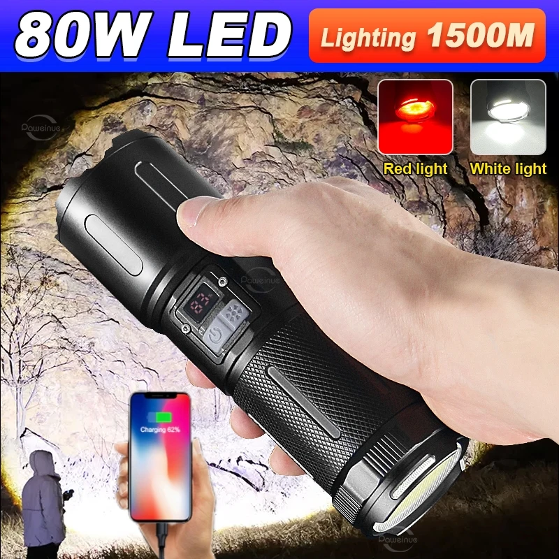 

Powerful 80W LED Flashlights High Power USB Rechargeable Torch Super Bright With COB Light Zoomable Lanterns Camping Hamp Lamps