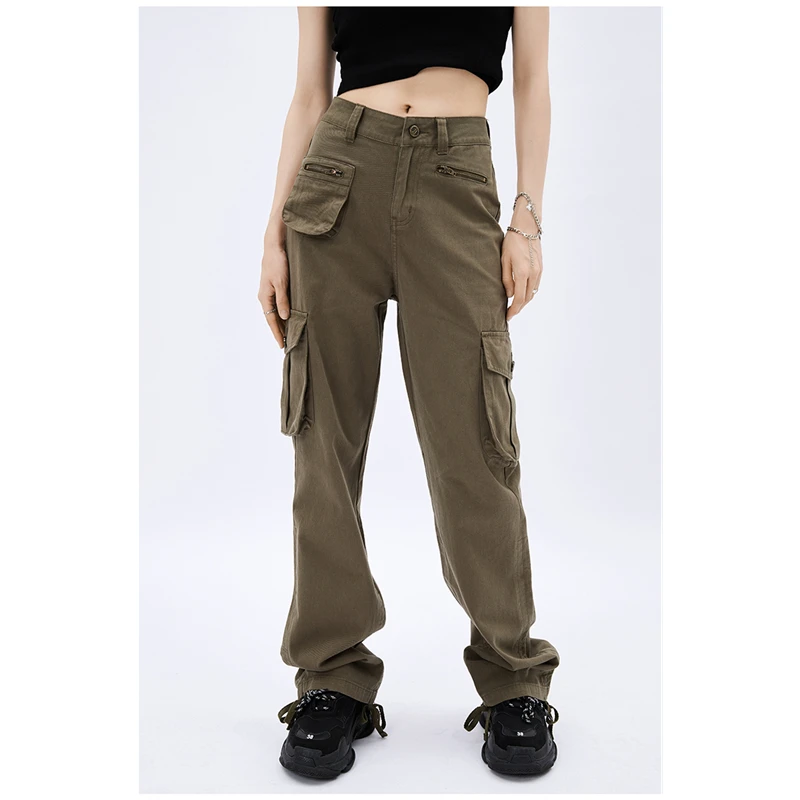 

High Waist Women's Jean Cargo Pants Army Green American Street Style Vintage Straight Trouser Baggy Wide Leg Denim Cargo Pan