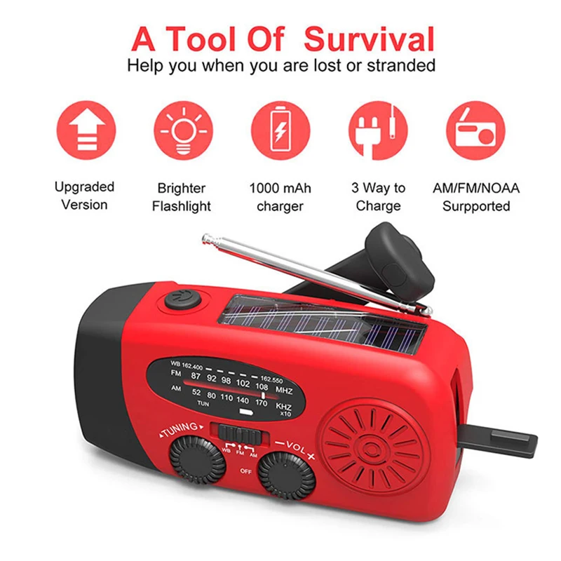 

2023 Outside Latest Protable Emergency Hand Crank Dynamo AM/FM/WB Weather Radio LED Flashlight Charger Waterproof Survival Tools