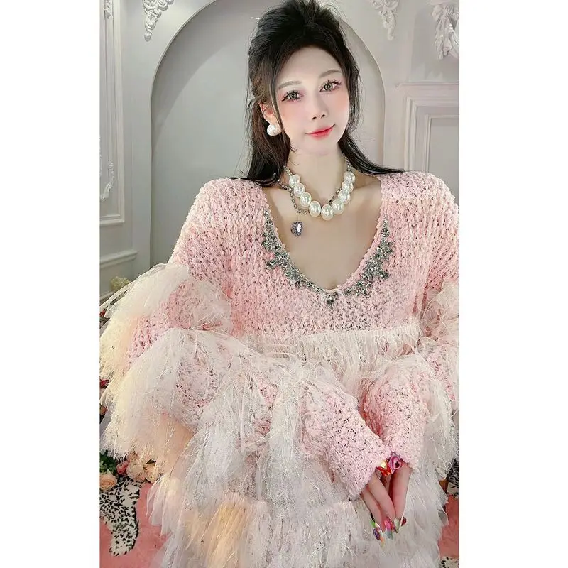 Diamonds Ruffles Mesh Layered Edge Sweater Autumn Winter Ruffles V-Neck Sweater Knitted Pullovers Loose Mid Length Knitwear Tops
Diamonds Ruffles Mesh Layered Edge Sweater Autumn Winter Ruffles V-Neck Sweater Knitted Pullovers Loose Mid Length Knitwear Tops