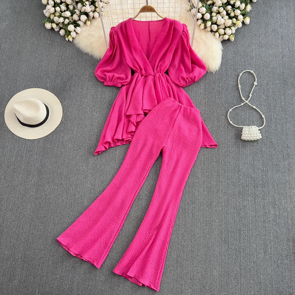 VANOVICH Fashion European and American Style V-neck Waist Puff Sleeve Mid-length Ruffle Top High-waist Flare Pants Two-piece Set
VANOVICH Fashion European and American Style V-neck Waist Puff Sleeve Mid-length Ruffle Top High-waist Flare Pants Two-piece Set