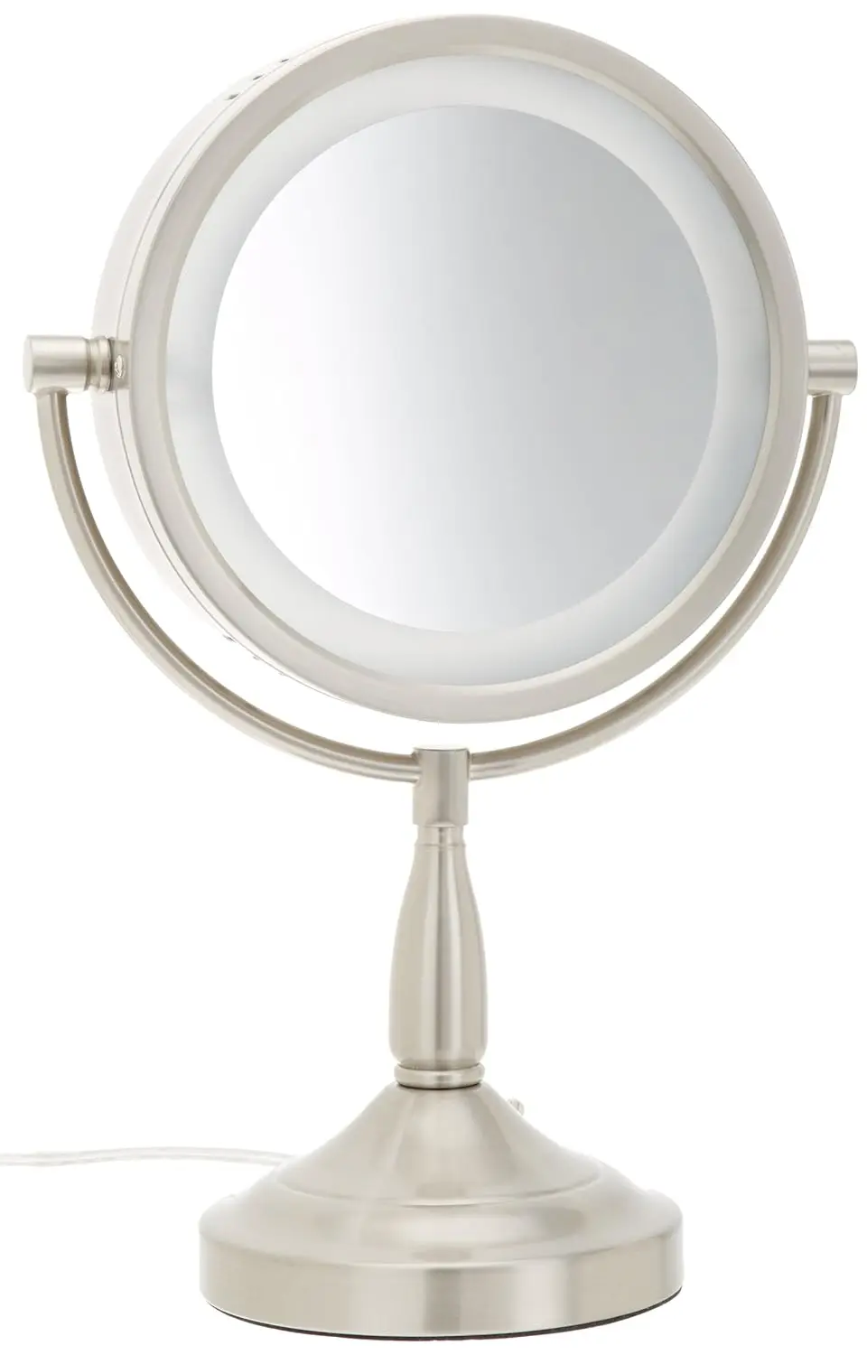 

Tabletop Makeup Mirror - Lighted Makeup Mirror with 1X and 7X Magnification in Nickel Finish - 8.5-Inch Diameter Vanity Mirror