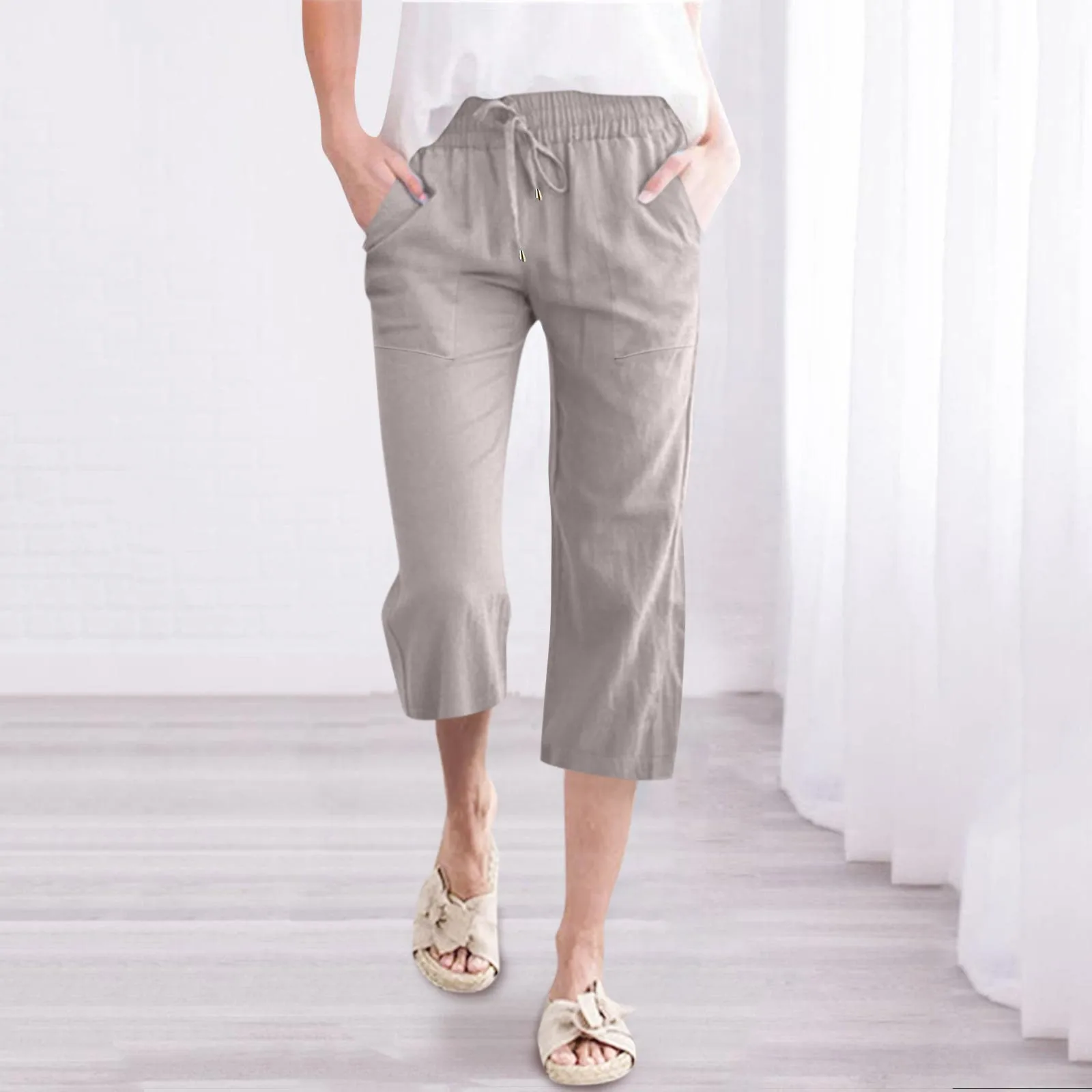 

Летние простые эластичные брюки на шнуровке прямые брюки до щиколотки с карманами Женские однотонные свободные брюки с талией
