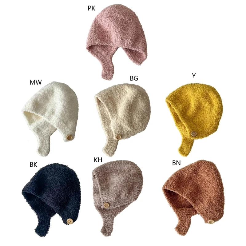 

Soft and Warm Baby Cap Ear Protections Hat Unique Chin Button Toddlers Knitted Hat for Winter Outdoor Activities D7WF