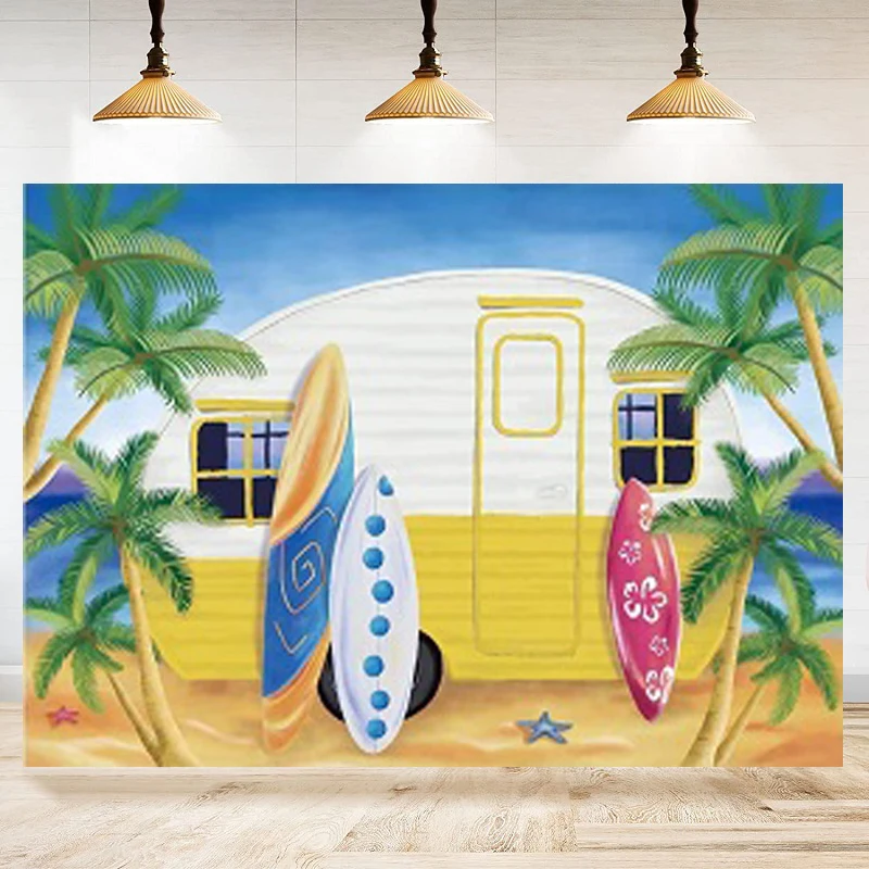 

Летний фон для фотосъемки с изображением кемпинга пляжа барбекю Пальма доска для серфинга море желтый фон для автомобиля барбекю Тропическое искусственное украшение Баннер