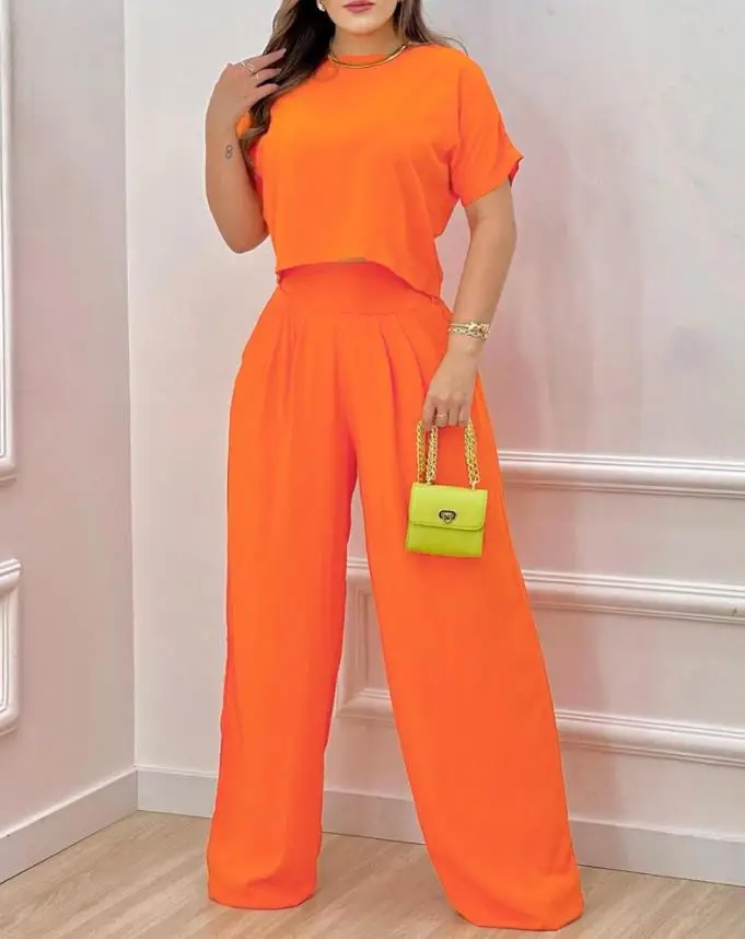 Plain Casual Top & High Waist Pants Set O-Neck Short Sleeve T-Shirt Trousers Daily Basics Fashion Women Sets
Plain Casual Top & High Waist Pants Set O-Neck Short Sleeve T-Shirt Trousers Daily Basics Fashion Women Sets