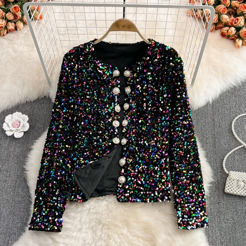 Fall New Korean Heavy Industry Sparkling Sequins Color Long-Sleeved Self-Cultivation Temperament Cardigan Short Jacket Wome
Fall New Korean Heavy Industry Sparkling Sequins Color Long-Sleeved Self-Cultivation Temperament Cardigan Short Jacket Wome