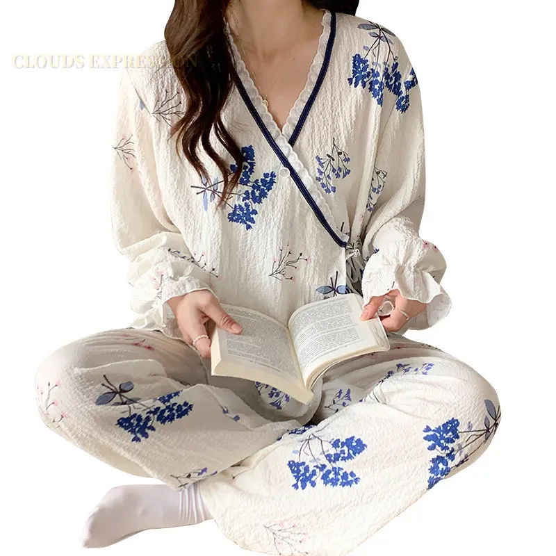 

Spring Fresh Elegant Women's Pajama Sets Girls Pyjamas Lapel Crepe Sleepwear Kimono Blue Loungewear Pijama Mujer Home Nightwear