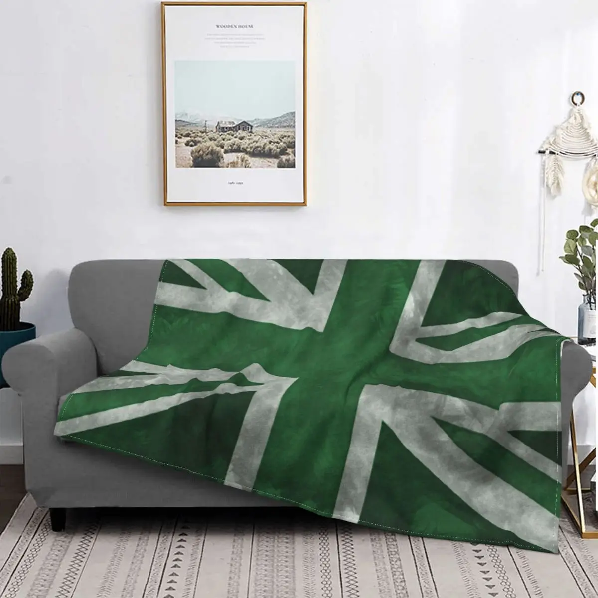 

Green Distressed Union Jack Flag Blankets Fleece Spring/Autumn Breathable Warm Throw Blanket for Home Bedroom Bedding Throws