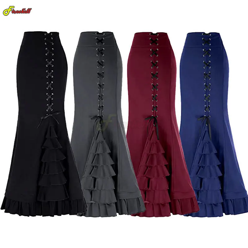 

Женская юбка, Готическая винтажная викторианская юбка в стиле стимпанк, со шнуровкой, юбка рыбий хвост, длинные платья русалки, средневековые костюмы