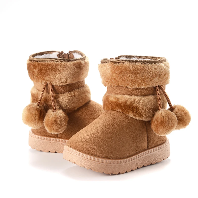 

Новые зимние пушистые ботинки для девочек с милыми меховыми помпонами, детские высокие зимние ботинки, Нескользящие теплые детские меховые ботинки