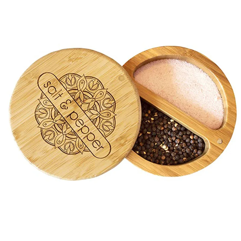 

Bamboo Salt and Pepper Bowls, Divided Salt Cellar with Swivel Lid, Seasoning Containers with Magnetic Lid to Keep Dry
