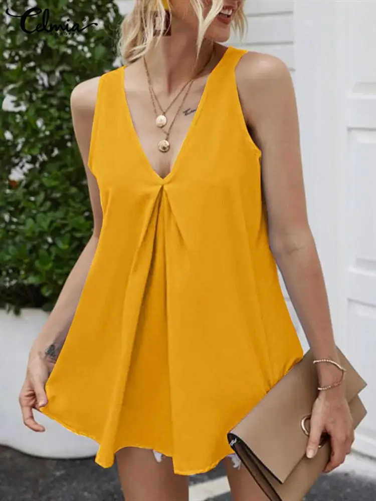 Celmia 2022 Summer Solid Color Tank Sexy Pleated Sleeveless Holiday Vest Tops Party Women Swing Tunic Casual Loose V Neck Blouse
Celmia 2022 Summer Solid Color Tank Sexy Pleated Sleeveless Holiday Vest Tops Party Women Swing Tunic Casual Loose V Neck Blouse