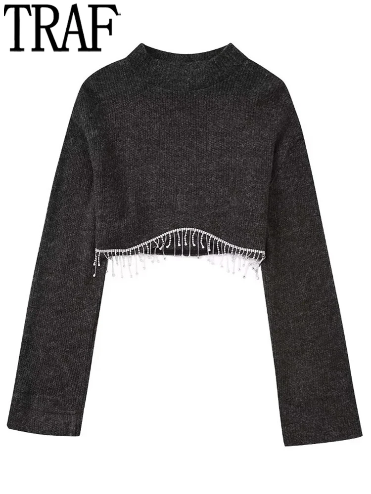 TRAF 2022 Grey Knit Crop Top Women Fringing Rhinestone Top Female High Neck Sweatshirt Woman Fashion Autumn Long Sleeve Pullover
TRAF 2022 Grey Knit Crop Top Women Fringing Rhinestone Top Female High Neck Sweatshirt Woman Fashion Autumn Long Sleeve Pullover