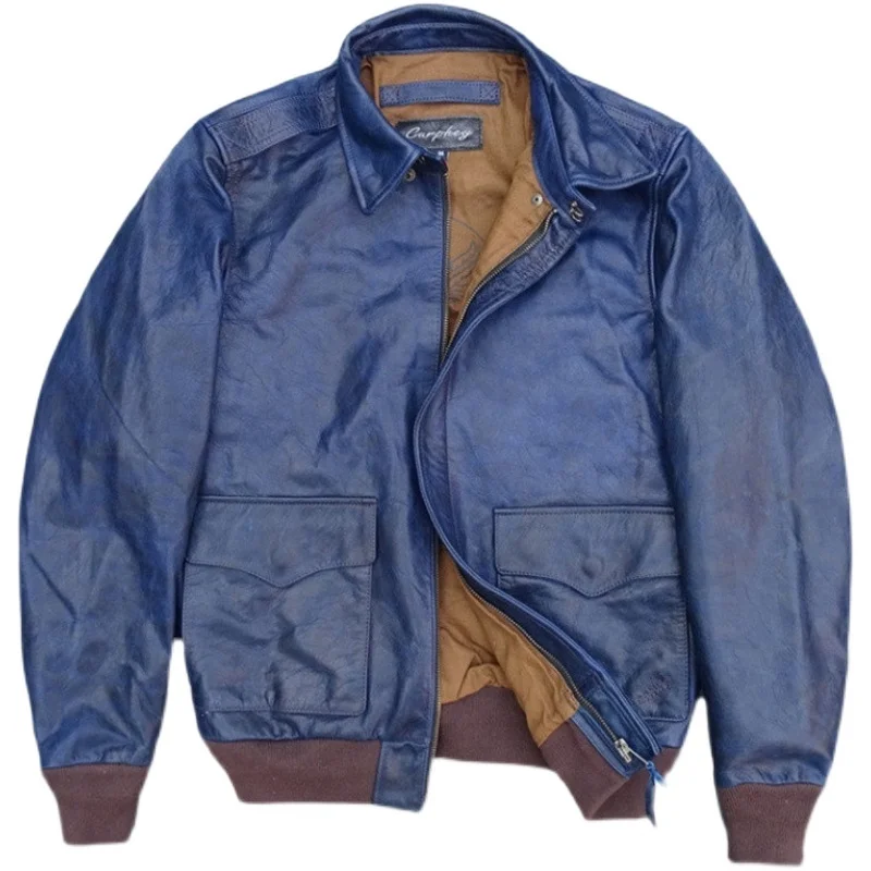 

Кожаная куртка-бомбер A2, мужская одежда в стиле милитари с голубым принтом «Конская шкура»
