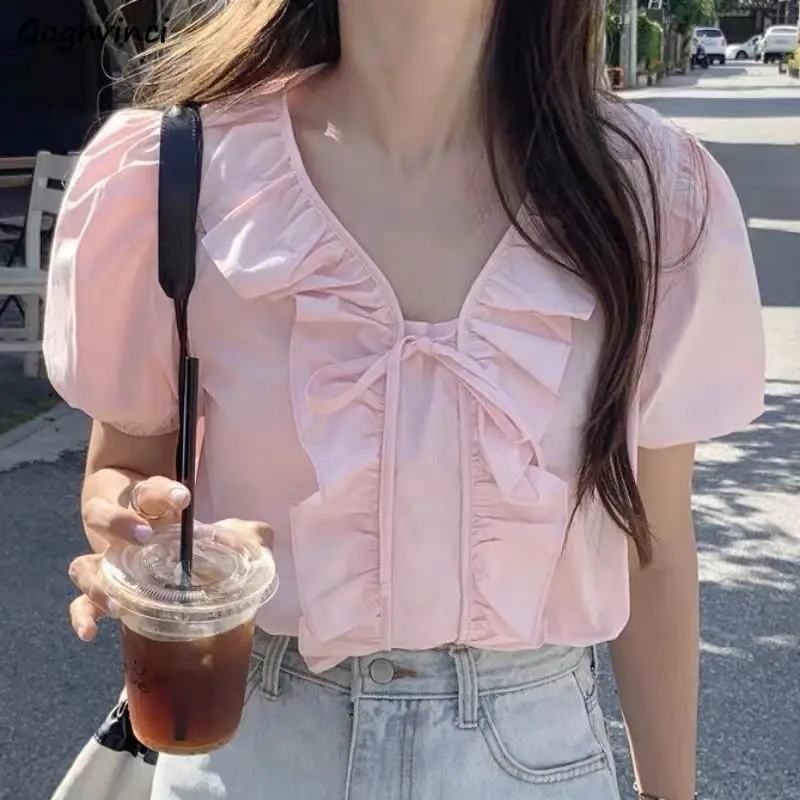 Blouses Women V-neck Girlish Korean Style Chic Puff Sleeve Summer Chic Ruffles Ins Fashion Simple Simple Casual Tender Preppy
Blouses Women V-neck Girlish Korean Style Chic Puff Sleeve Summer Chic Ruffles Ins Fashion Simple Simple Casual Tender Preppy