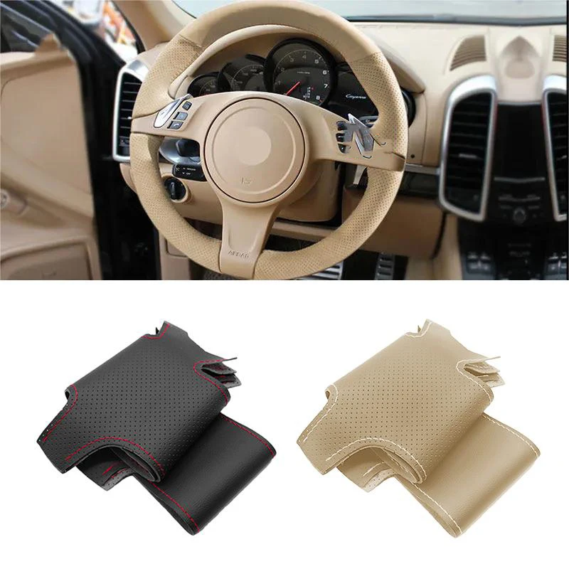 

For Porsche Cayenne Panamera 2010 2011 2012 Braids on Car Steering Wheel Hand Stitched Perforated Microfiber Leather Cover Trim
