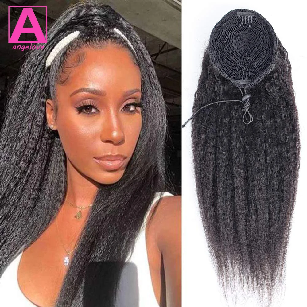 

Kinky Straight Human Hair Extensions 20 22 24 26inches Drawstring Ponytail #1B Remy Pony Tail With Tow Clip In For Women