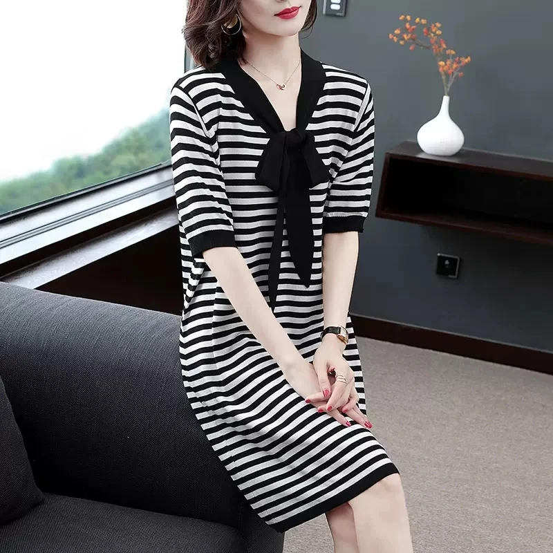 Fashion O-neck Striped Dress Summer Dresses Elegant Large Size Bow Loose Short Sleeve Dress For Women's Clothing Vestidos AC121
Fashion O-neck Striped Dress Summer Dresses Elegant Large Size Bow Loose Short Sleeve Dress For Women's Clothing Vestidos AC121