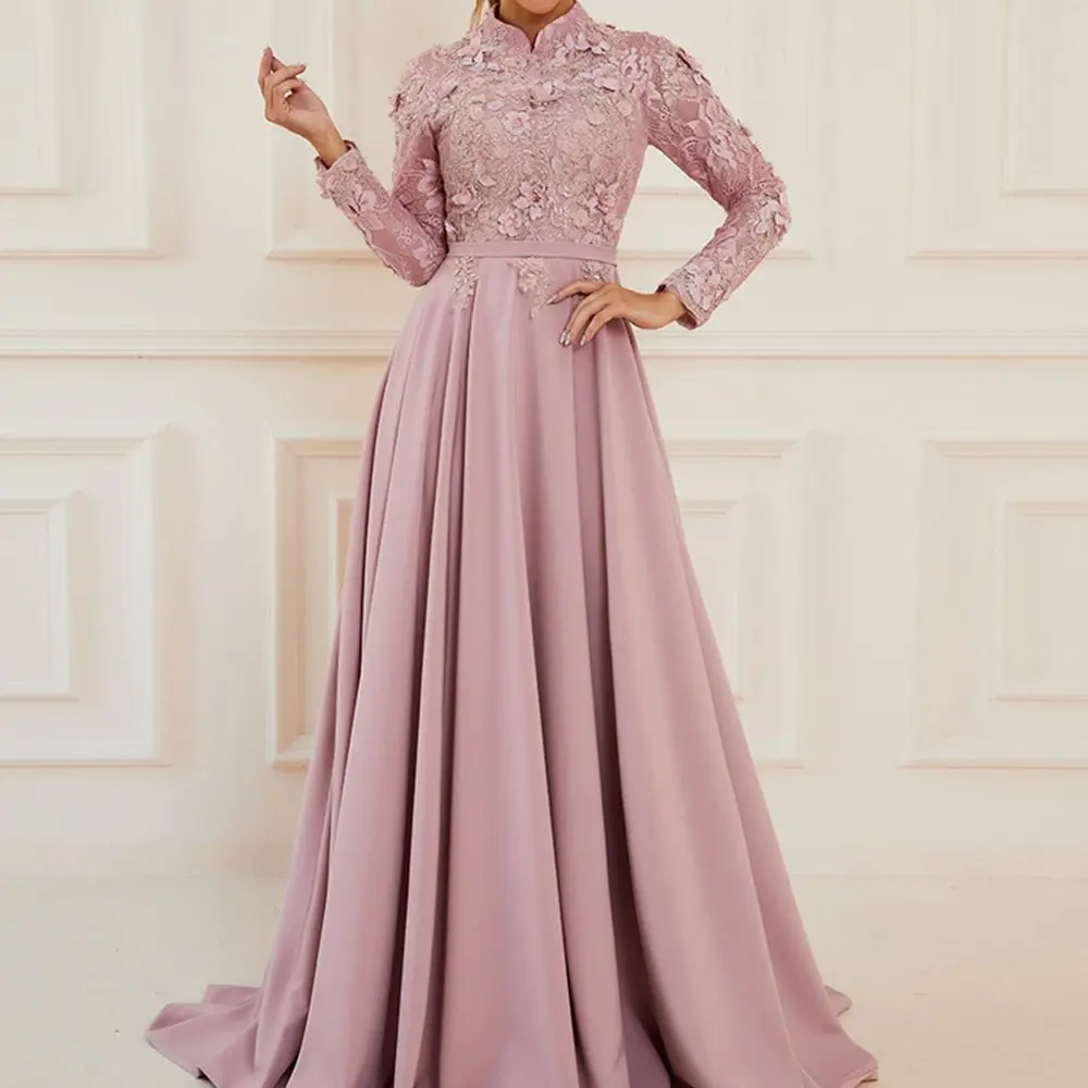 Long Sleeve Muslim Formal Dresses Pink Vintage High Neck Luxury Lace Appliques Spandex Satin Evening Dresses With Train
Long Sleeve Muslim Formal Dresses Pink Vintage High Neck Luxury Lace Appliques Spandex Satin Evening Dresses With Train