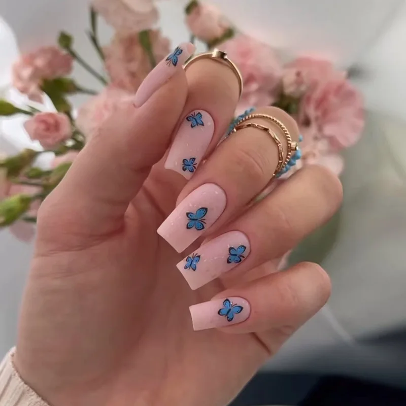 24Pcs Mid-length Blue Butterfly Design False Nail with Glue Pink Square Fake Nails Press on Wearable Finished Fingernails Tips
24Pcs Mid-length Blue Butterfly Design False Nail with Glue Pink Square Fake Nails Press on Wearable Finished Fingernails Tips