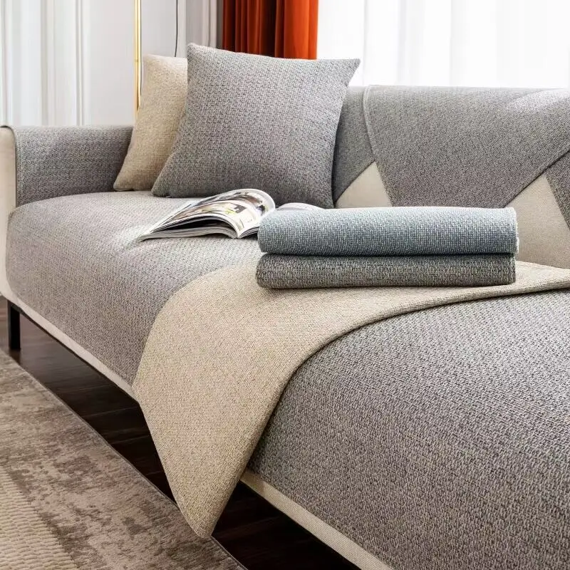 

Solid Color Linen Sofa Cover Couch L Shaped Combination Furniture Slipcover Anti-slip Full Coverage Cushion Settee Towel