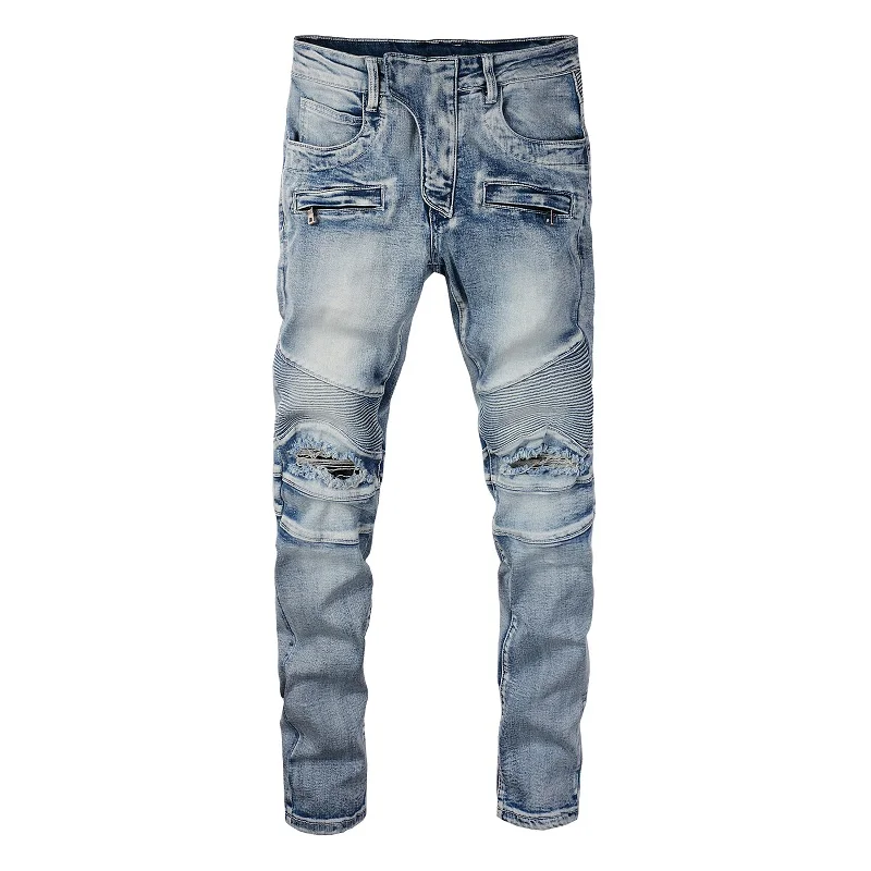 

Rock punk style design Men Ripped Biker Jeans Blue Stretch Denim Slim Tapered Pencil Pants Holes Distressed Patch Trousers jeans