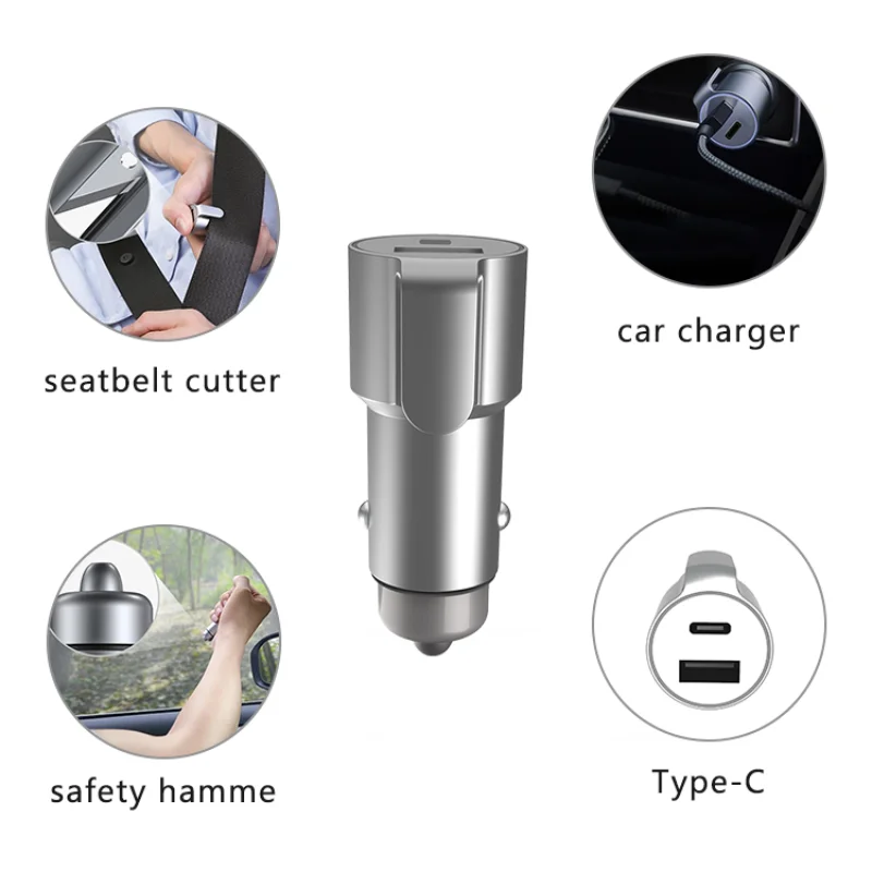 

QC 3.0 Fast Charging Metal Car Charger 3 In 1 USB 18W 27W PD Zinc Alloy Phone Chargers with Safety Hammer and Cutting Knife