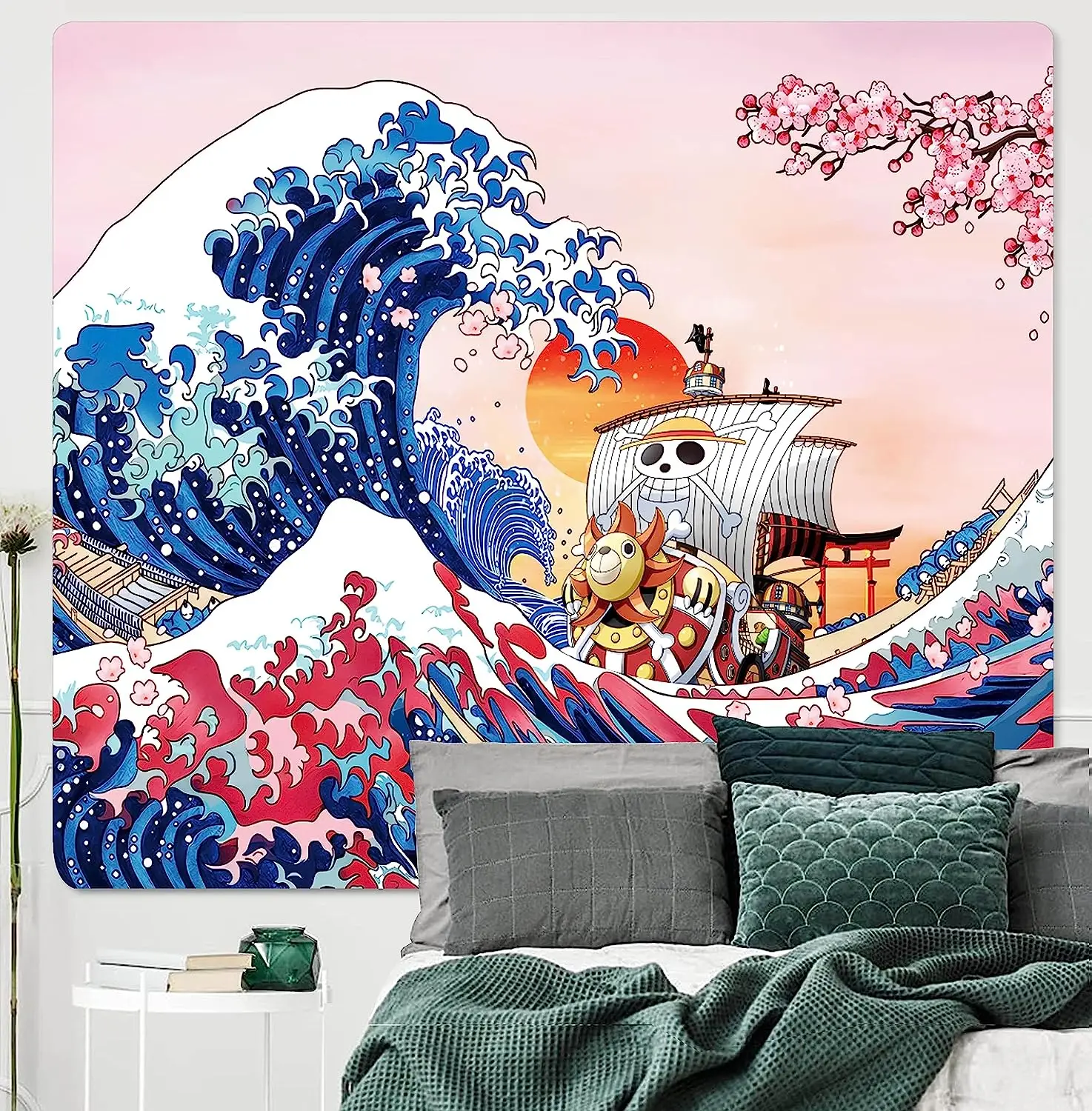 

Anime Tapestry Japanese Ocean Wave Wall Decor Cherry Sunset Mountain Wall Hanging Kanagawa Mural for Living Room Bedroom Decpr