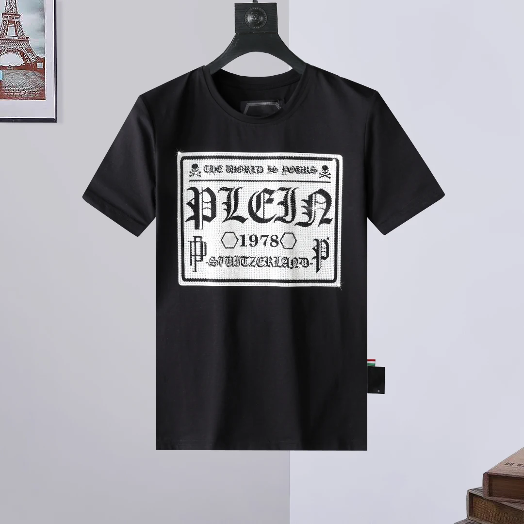 2022 summer new short sleeved men's cotton label letter creative diamond inlaid top T-shirt fashion brand high street plein
2022 summer new short sleeved men's cotton label letter creative diamond inlaid top T-shirt fashion brand high street plein