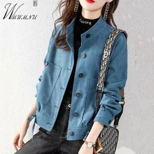 Stand-Up Collar Corduroy Womens Jacket 2023 Spring Fashion Sashes Blue Veste Femme New Office Lady Single-Breasted Cropped Coat