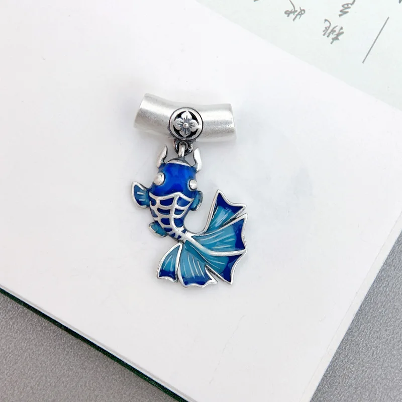 

925 Sterling Silver Enamel Blue Carp Pendant Women Handmade Vintage Ethnic Style Elbow Pendant DIY Jewelry Making Material DZ036