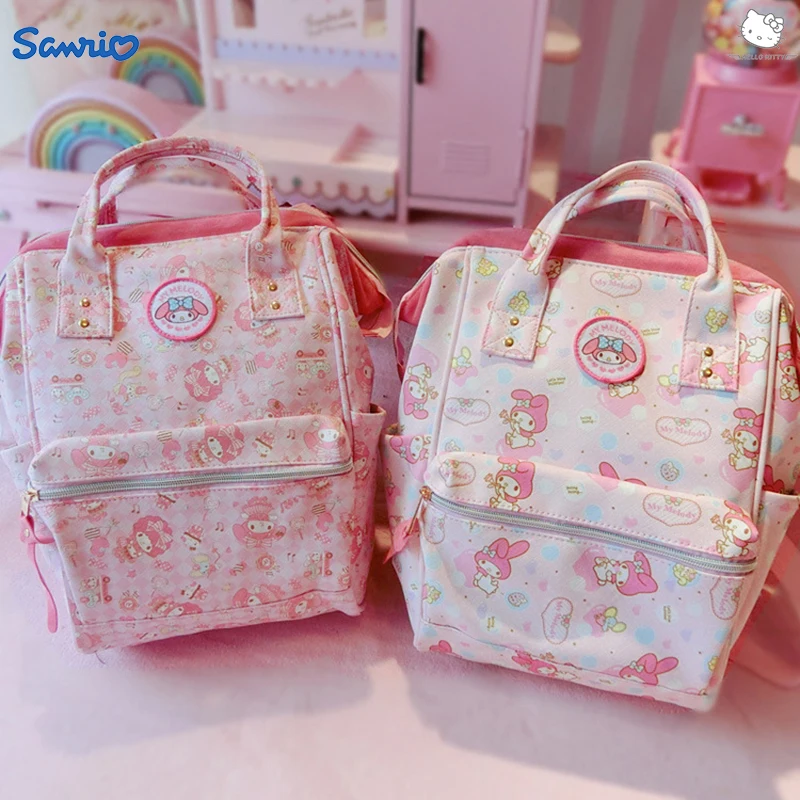 

Sanrio Anime My Melody Kuromi Cinnamoroll Hello Kitty Thru Pink Backpack Large Capacity Leather Pu Waterproof Casual School Bag
