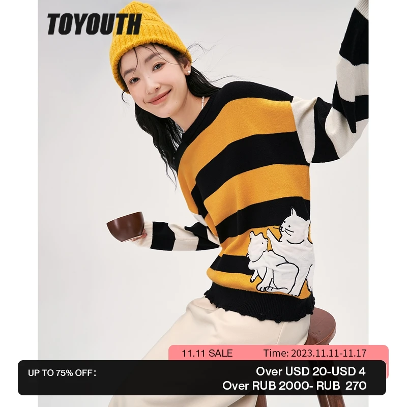 Toyouth Women Sweater 2022 Winter Long Sleeve O Neck Loose Knitted Pullover Three Color Stripes 3D Cat Print Warm Casual Tops 
Toyouth Women Sweater 2022 Winter Long Sleeve O Neck Loose Knitted Pullover Three Color Stripes 3D Cat Print Warm Casual Tops