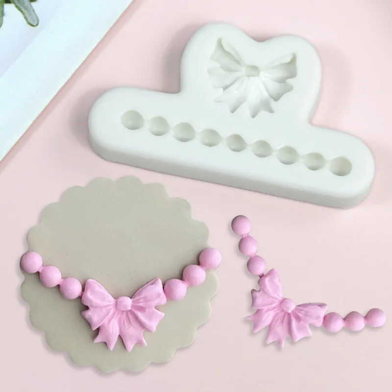 

3D Cute Bow Pearl Bead Chain Silicone Mold Fondant Chocolate Mould Cake Decorating Tool DIY Clay Plaster Mode Baking Accessories
