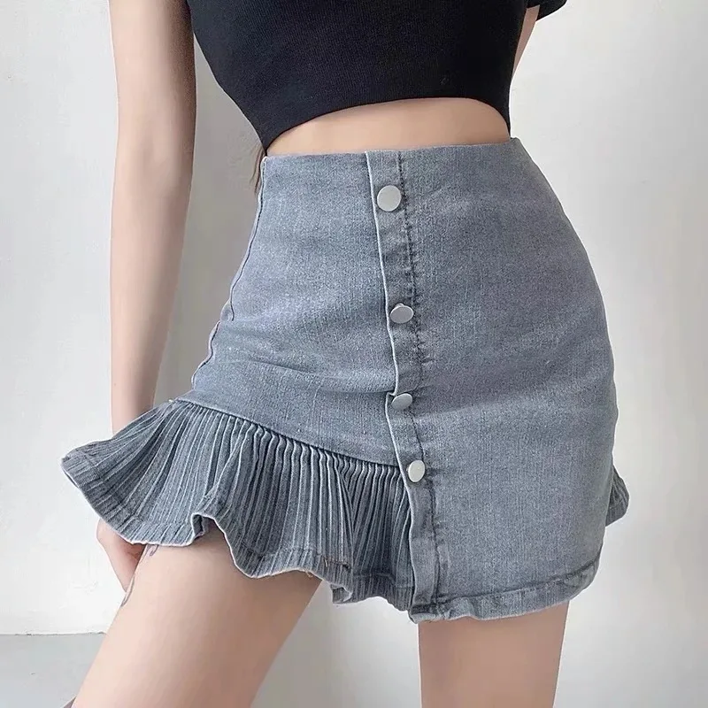 Sexy Mini Denim Skirts Fashion Cowgirl Solid High Waist Hip Fishtail Skirt Women Summer Ruffle Button Irregular Pleated Skirts
Sexy Mini Denim Skirts Fashion Cowgirl Solid High Waist Hip Fishtail Skirt Women Summer Ruffle Button Irregular Pleated Skirts
