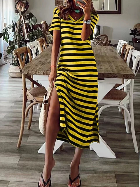 2022 Women Casual Striped Print Summer Dress Elegant V Neck Short Sleeve Office Lady Dress Striaght Side Slit Long Party Dress
2022 Women Casual Striped Print Summer Dress Elegant V Neck Short Sleeve Office Lady Dress Striaght Side Slit Long Party Dress