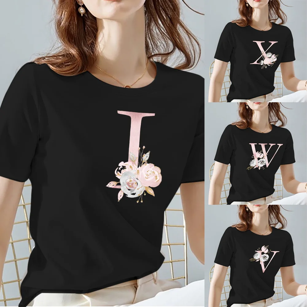 Women Tops Tee Black All-match Casual Ladies T-Shirts O Neck Pink Flower Letter Name Pattern Print Short Sleeve Women's Clothing
Women Tops Tee Black All-match Casual Ladies T-Shirts O Neck Pink Flower Letter Name Pattern Print Short Sleeve Women's Clothing